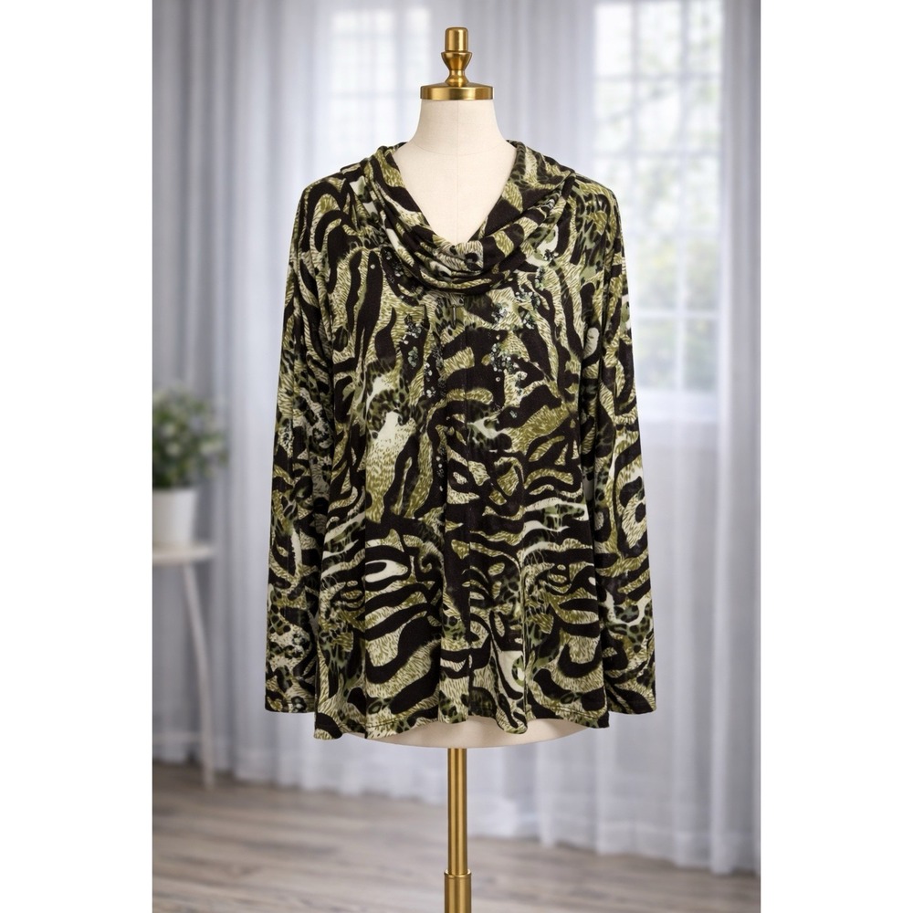 Susan Graver Cardigan Knit Sweater Full Zip Hooded Animal Print Sequin Size 1X‎